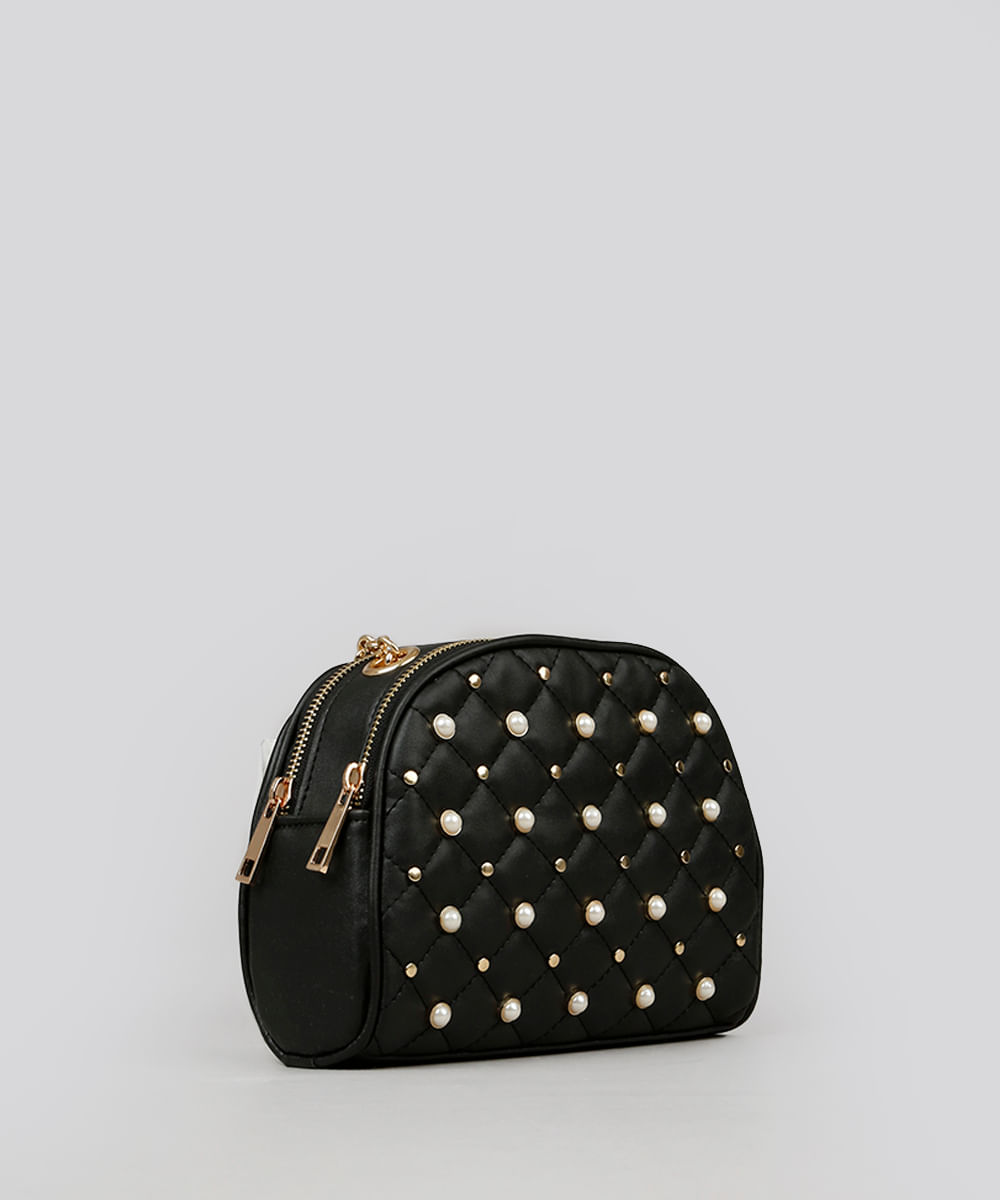 Bolsa Feminina Transversal com Pérolas e Tachas Preta