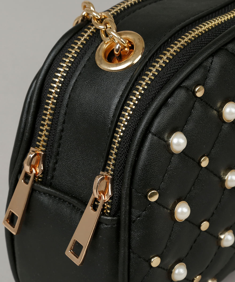 Bolsa Feminina Transversal com Pérolas e Tachas Preta