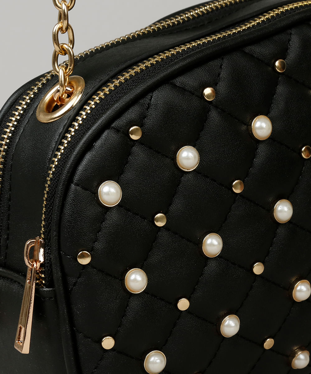 Bolsa Feminina Transversal com Pérolas e Tachas Preta