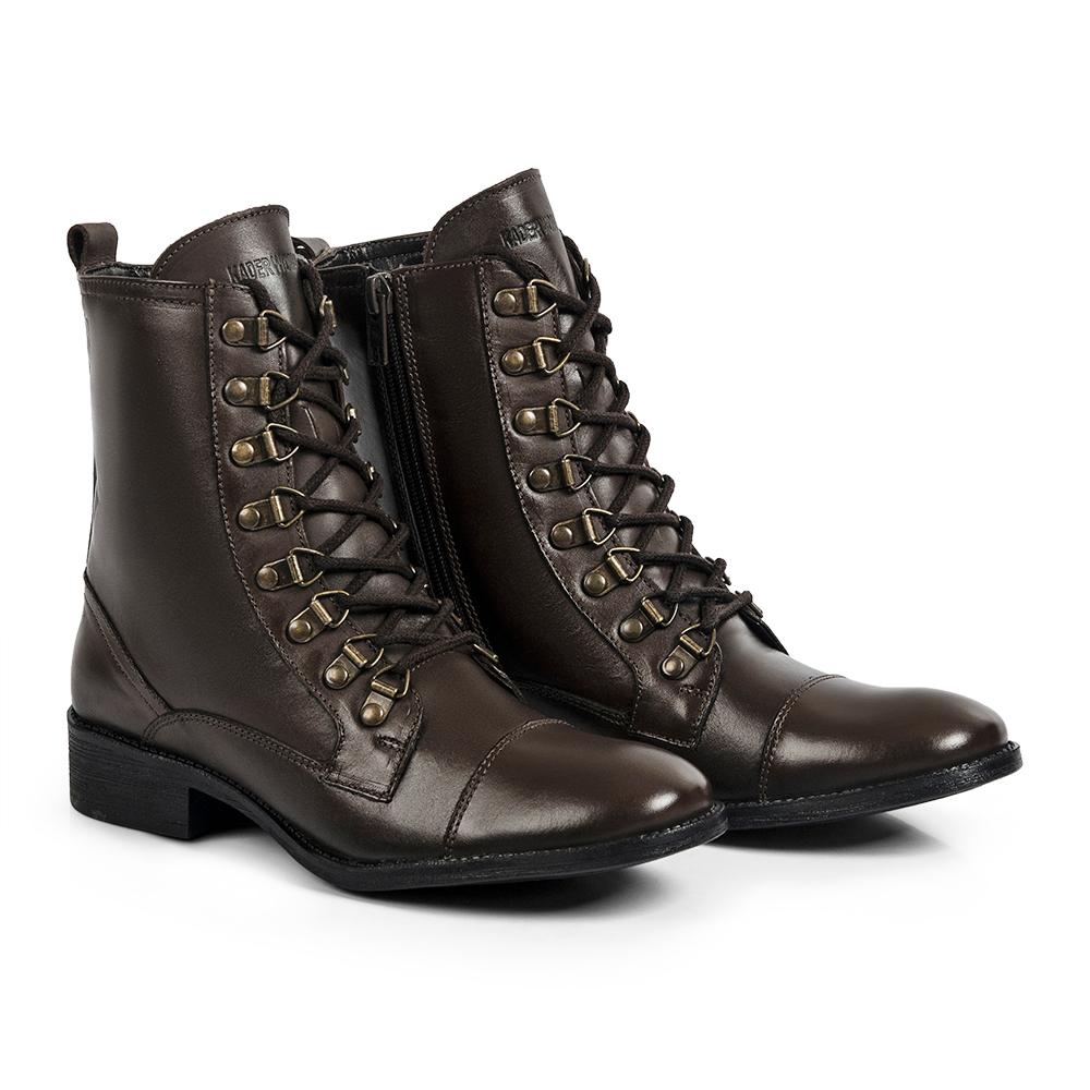 Bota coturno couro feminina bico redondo zíper lisa casual