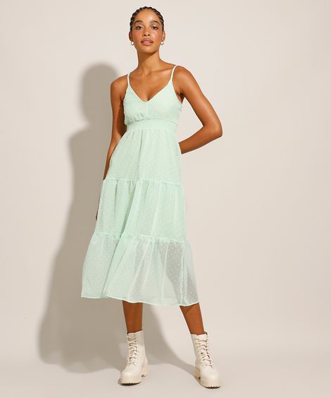 Vestido Midi com Poá e Transparência Alça Fina Verde Claro