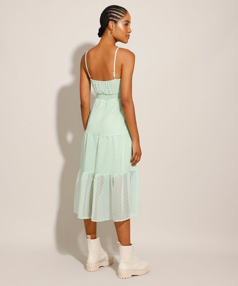 Vestido Midi com Poá e Transparência Alça Fina Verde Claro