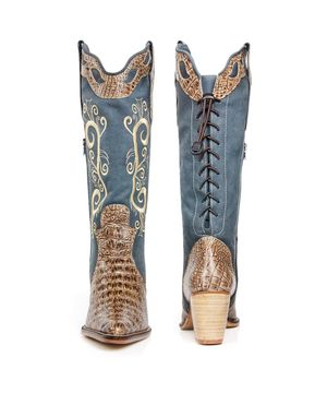 Bota Texana Country Capelli Boots Jacaré em Couro com Zíper Lateral  Feminina Azul