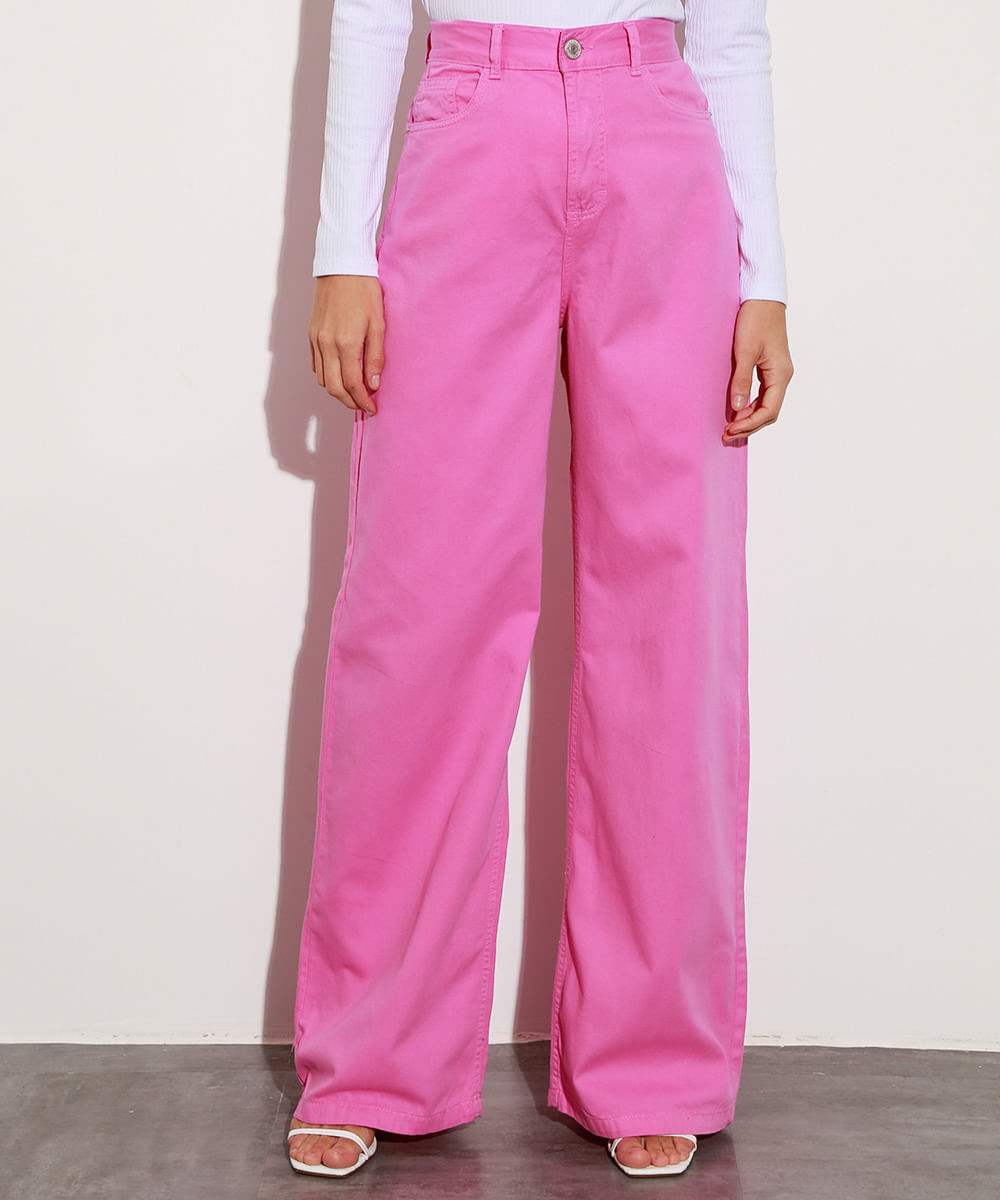 Calça Wide Pantalona de Sarja Cintura Super Alta Mindset Rosa