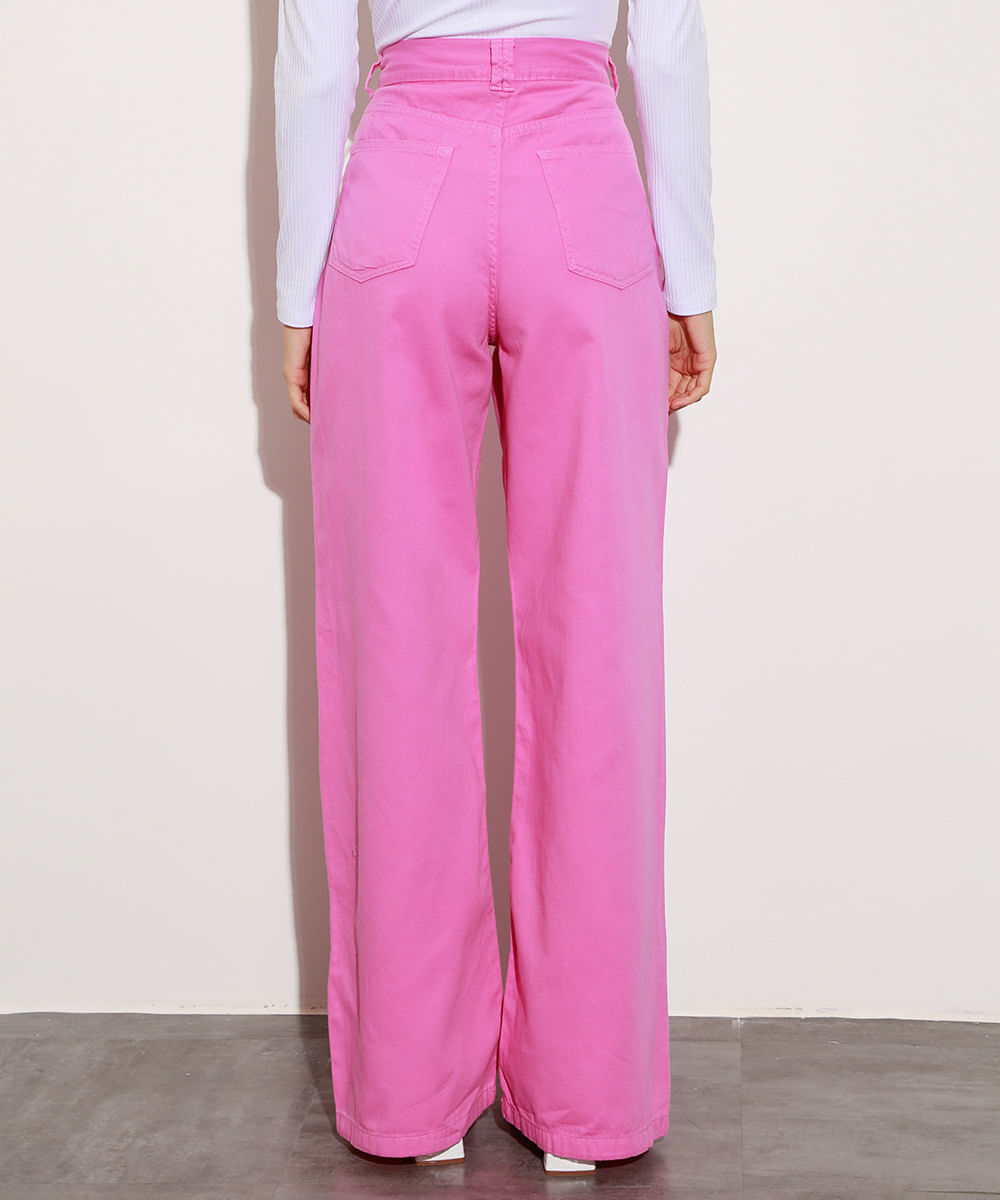 Calça Wide Pantalona de Sarja Cintura Super Alta Mindset Rosa
