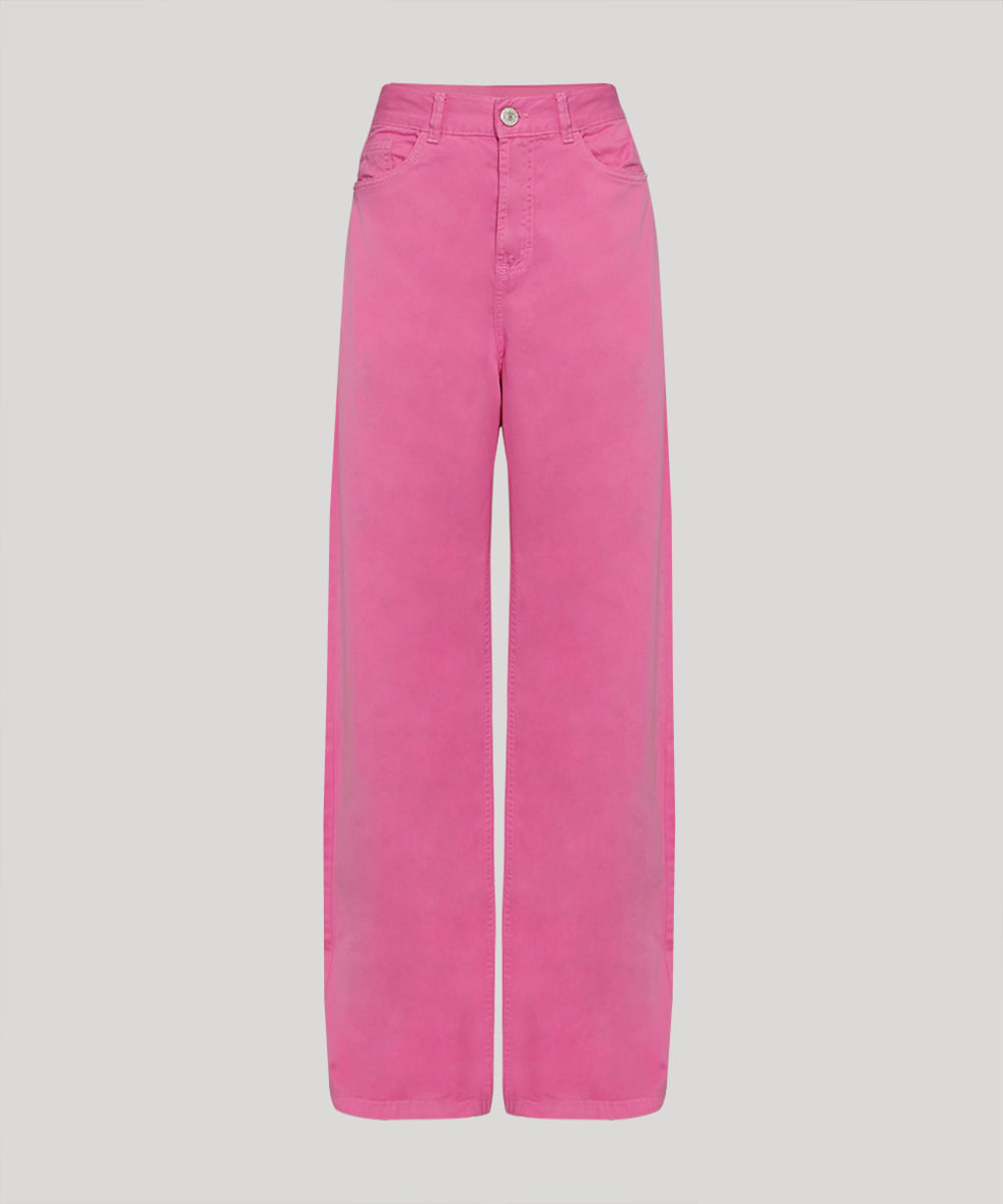 Calça Wide Pantalona de Sarja Cintura Super Alta Mindset Rosa