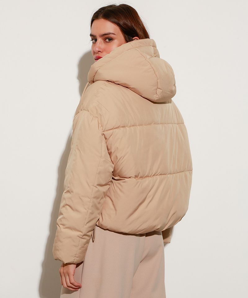 Jaqueta Puffer Oversized de Nylon com Capuz e Bolsos Mindset Bege - CeA ...