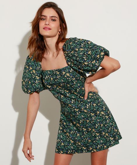 Vestido Curto Evasê de Algodão Estampado Floral Manga Bufante Mindset Preto