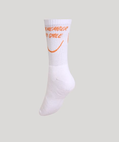 Meia Cano Alto Skater "Remember To Smile" Branca