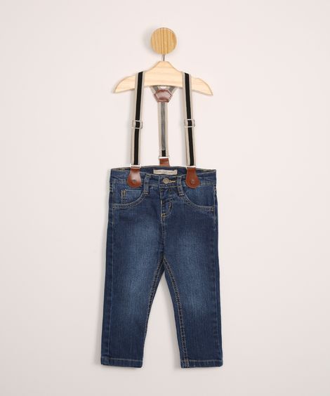 Calça Infantil Skinny Jeans com Suspensório Azul Médio