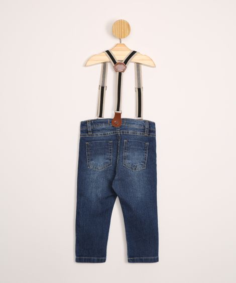 Calça Infantil Skinny Jeans com Suspensório Azul Médio