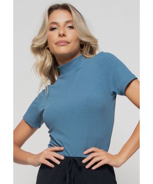 Blusa  Gola Alta Malha Canelada Azul Claro Salvatore Fashion