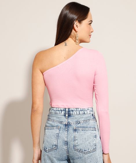 Blusa Cropped One Shoulder Manga Longa Rosa Claro