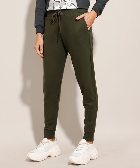 calça jogger de moletom básica com bolsos cintura média verde escuro