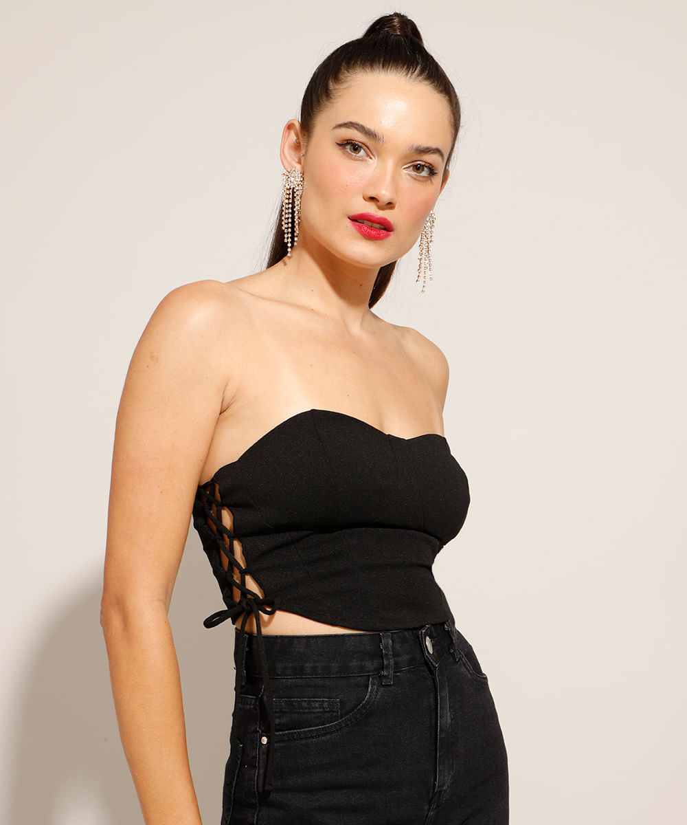 Top Corset em Material Sintético com Amarração Lateral e Recortes Preto