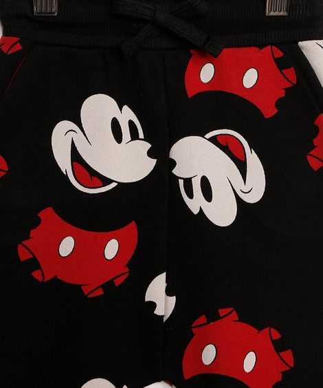 Calça Infantil em Moletom Estampada Mickey com Bolso Preta