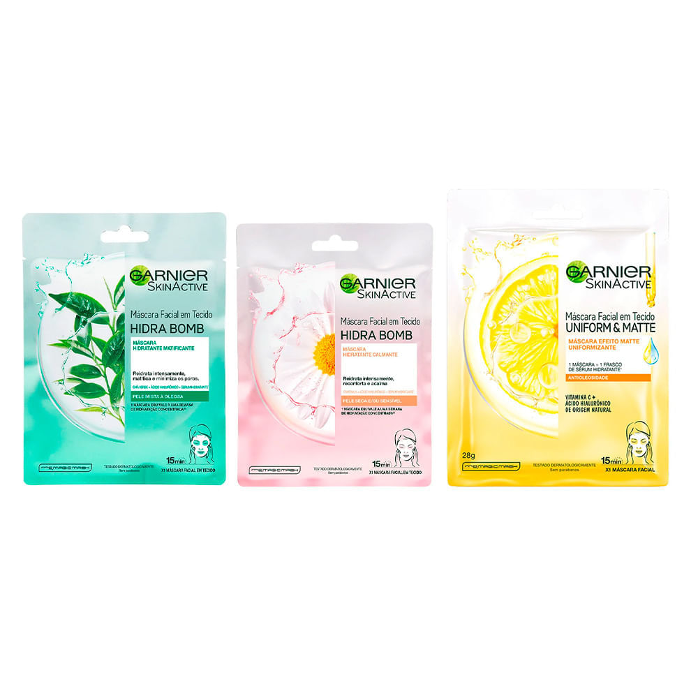 Garnier Skin Máscaras Faciais Kit – Calmante + Matificante + Vitamina C é boa?