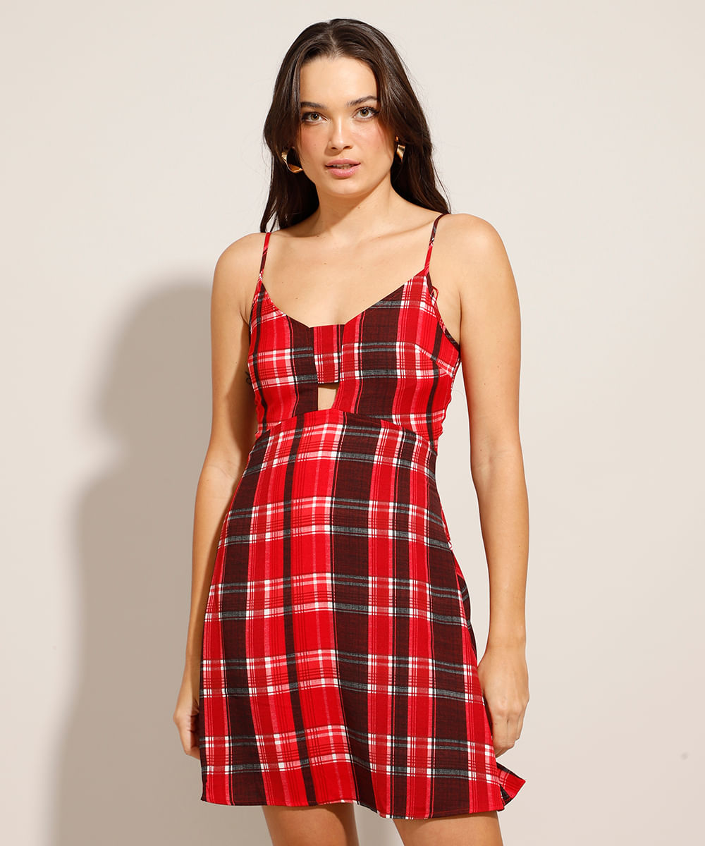 Vestido curto estampado xadrez <em>cut out</em> alça fina decote V, da C&A