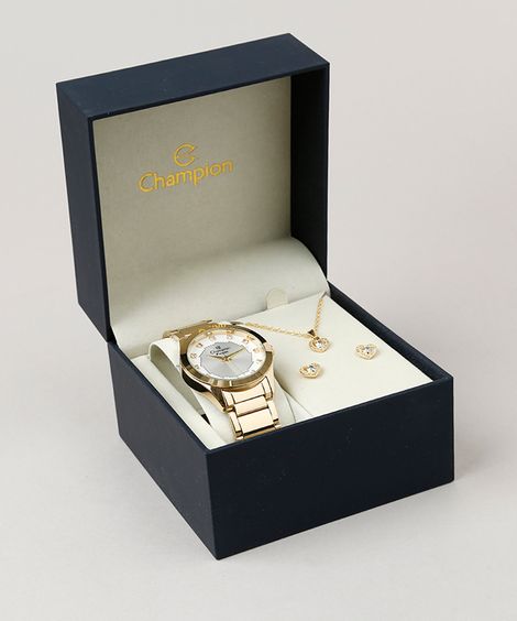 Kit de Relógio Analógico Champion Feminino + Colar + Brinco- CH24759W Dourado