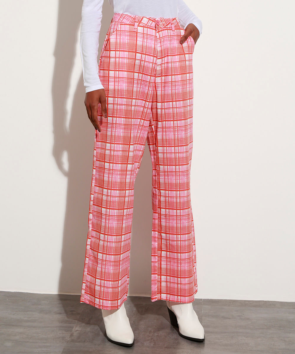 Calça Reta Estampada Xadrez Cintura Super Alta Mindset Rosa