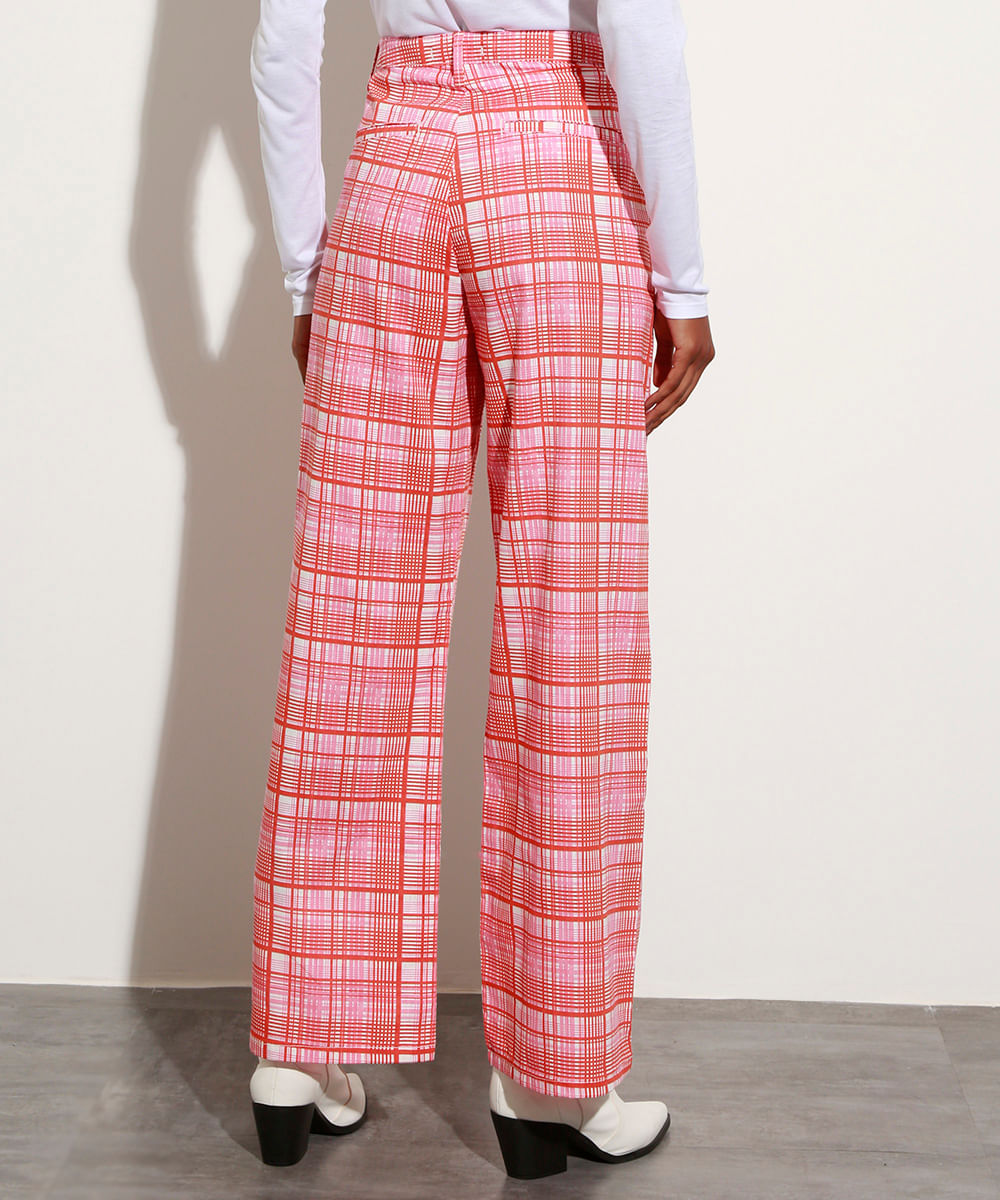 Calça Reta Estampada Xadrez Cintura Super Alta Mindset Rosa