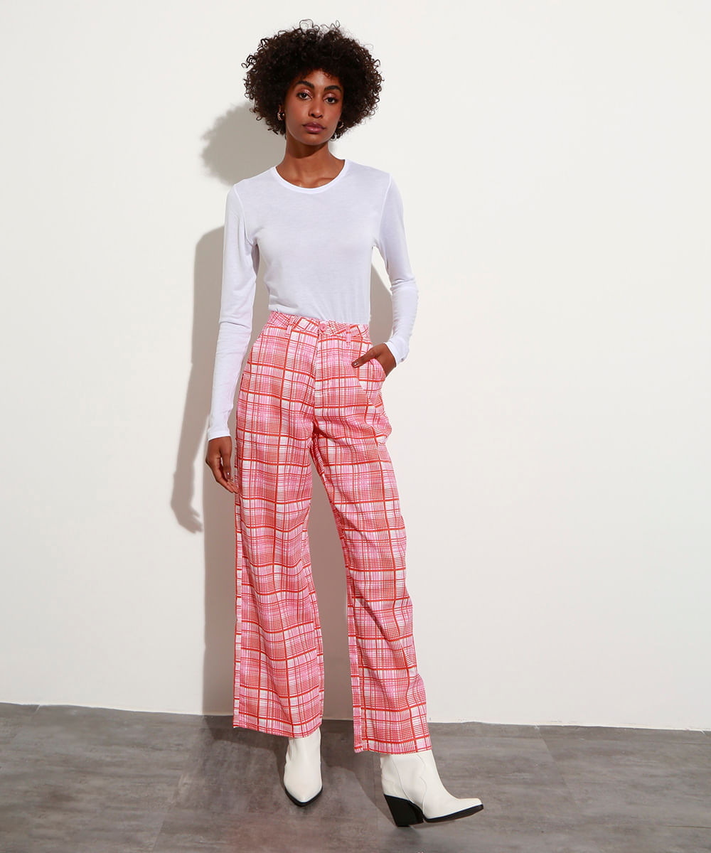 Calça Reta Estampada Xadrez Cintura Super Alta Mindset Rosa