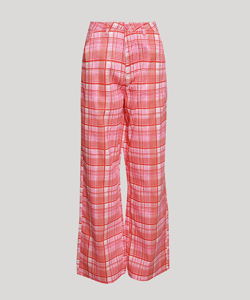 Calça Reta Estampada Xadrez Cintura Super Alta Mindset Rosa