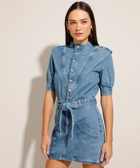 Vestido Curto Jeans Muscle Manga Curta Gola Alta Azul Médio