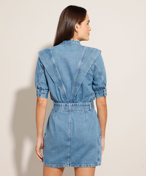 Vestido Curto Jeans Muscle Manga Curta Gola Alta Azul Médio