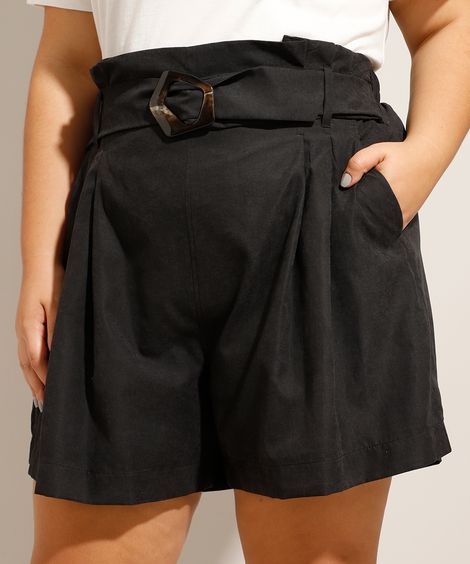 Short Clochard Plus Size Cintura Alta com Cinto Preto