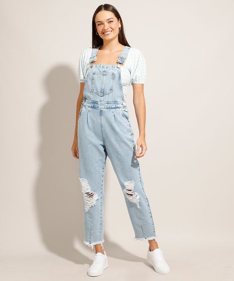 Macacão Jeans Baggy Destroyed Azul Claro