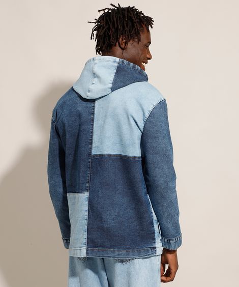Jaqueta Jeans com Recortes e Capuz Azul Médio