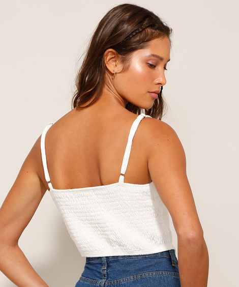 Top Cropped Texturizado Corset Alça Fina Decote V Off White