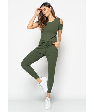 Conjunto  Comfy Com Blusa Ombro Vazado e Jogger Canelada Verde