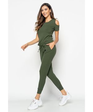 Conjunto  Comfy Com Blusa Ombro Vazado e Jogger Canelada Verde