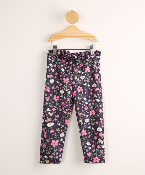 Calça Infantil em Moletom Texturizado Estampado Floral Azul Marinho