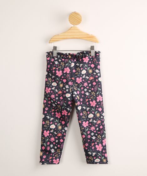 Calça Infantil em Moletom Texturizado Estampado Floral Azul Marinho