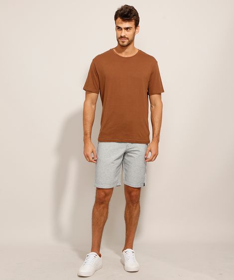 Bermuda Reta de Sarja Listrada Azul Marinho