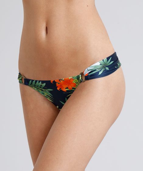 Biquíni Calcinha Tanga Estampada Floral com Proteção UV50+ Azul Marinho