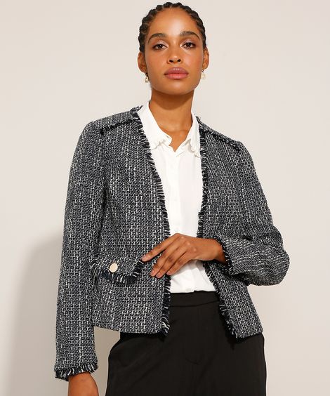 Casaco de Tweed com Bolso Azul Marinho