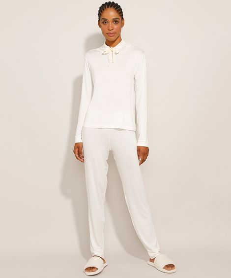 Pijama Manga Longa Gola Laço Off White