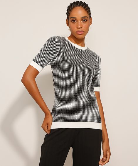 Blusa de Tricô Estampada de Poá com Lurex Manga Curta Gola Alta Preta