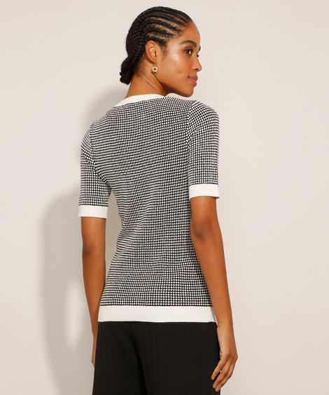 Blusa de Tricô Estampada de Poá com Lurex Manga Curta Gola Alta Preta