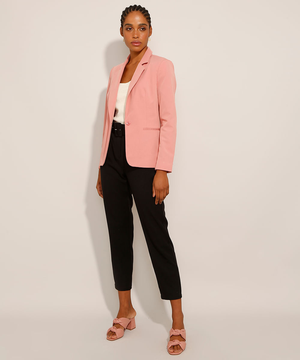 Blazer com Bolsos e Botão Rosa