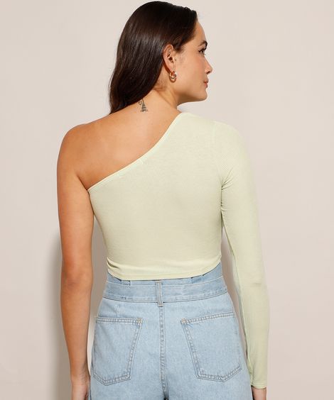 Blusa Cropped Canelada Um Ombro Só Manga Longa Verde Claro