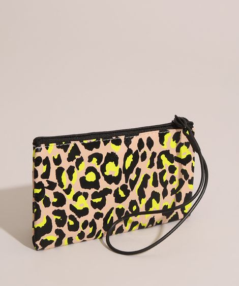 Nécessaire Estampada Animal Print Onça com Alça de Mão Bege