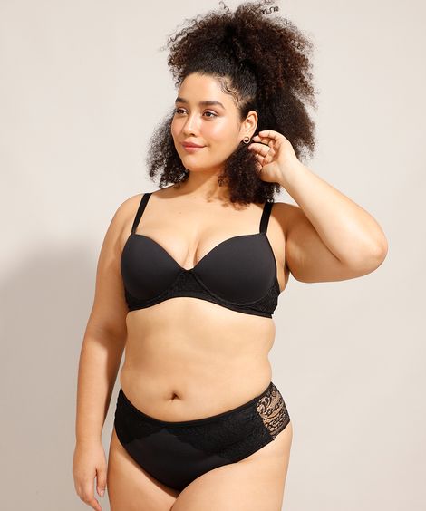 Calcinha Caleçon com Renda Plus Size Bonjour Preta