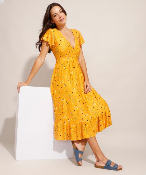 Vestido Midi Estampado Floral com Transpasse Manga Curta Ampla Amarelo