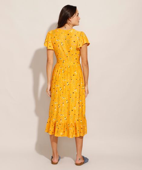 Vestido Midi Estampado Floral com Transpasse Manga Curta Ampla Amarelo
