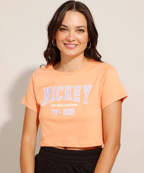 Camiseta Cropped Mickey Manga Curta Decote Redondo Coral